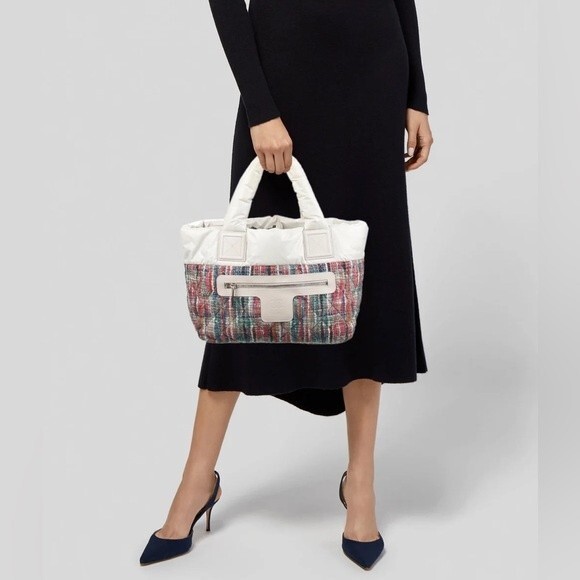 Authentic Chanel Coco Cocoon Nylon Tote Bag Tweed Print Cream Off White - Picture 1 of 15